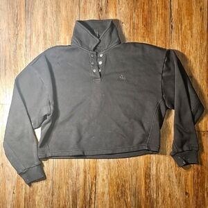 Womens Adidas Cropped Black Pullover Sweatshirt Button Up Collar Medium